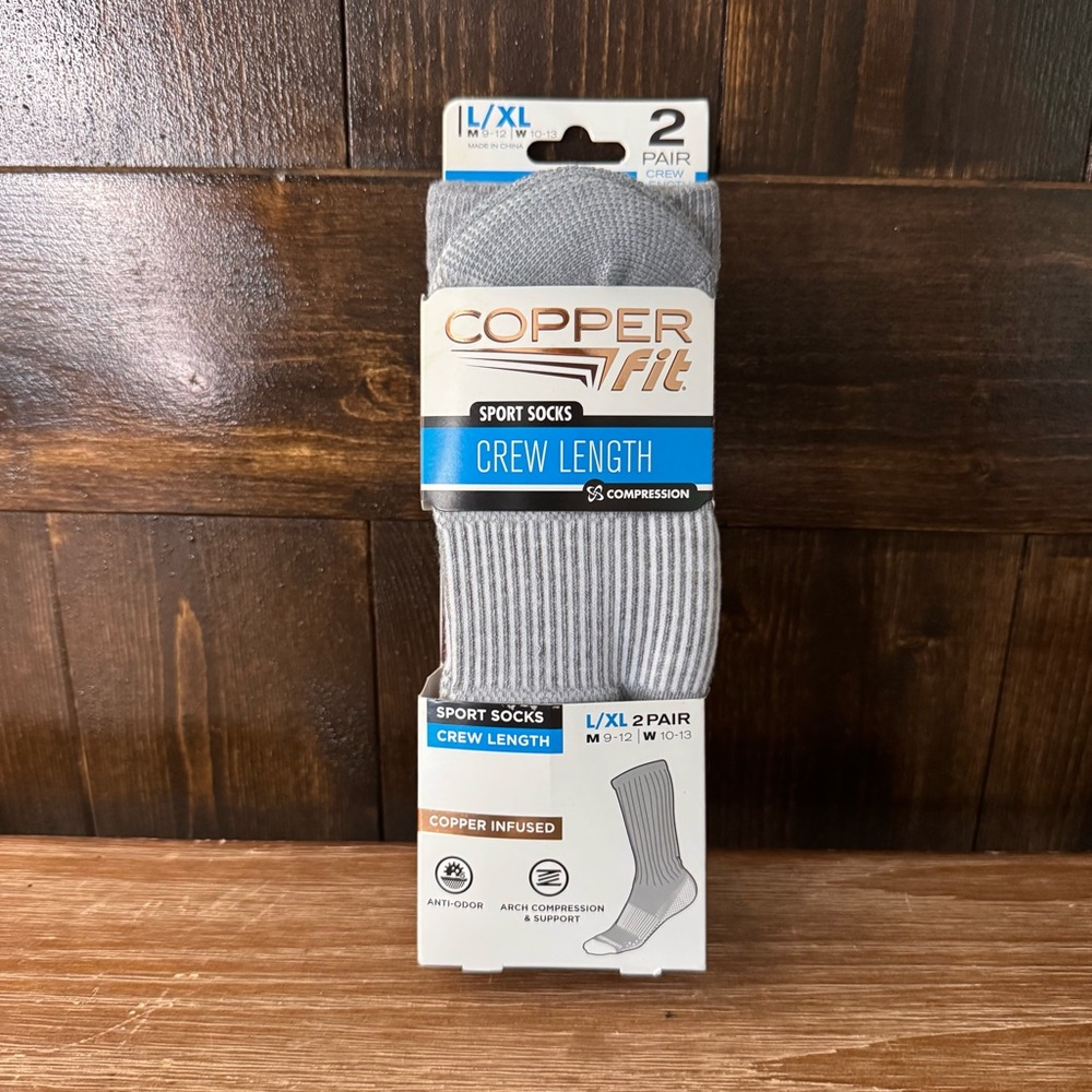 Copper Fit Infused Sport Crew Socks 2 Pair Large L/XL White Size M 9-12 W 10-13